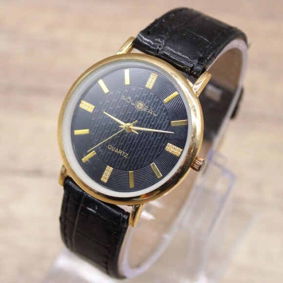 Vintage Noveau Watch Men Gold Tone Stainless Steel Classic Black Quartz Dial 90s - Picture 3 of 8